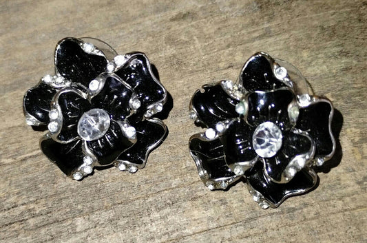 Black Enamel Flower Vintage Earrings with Rhinestones